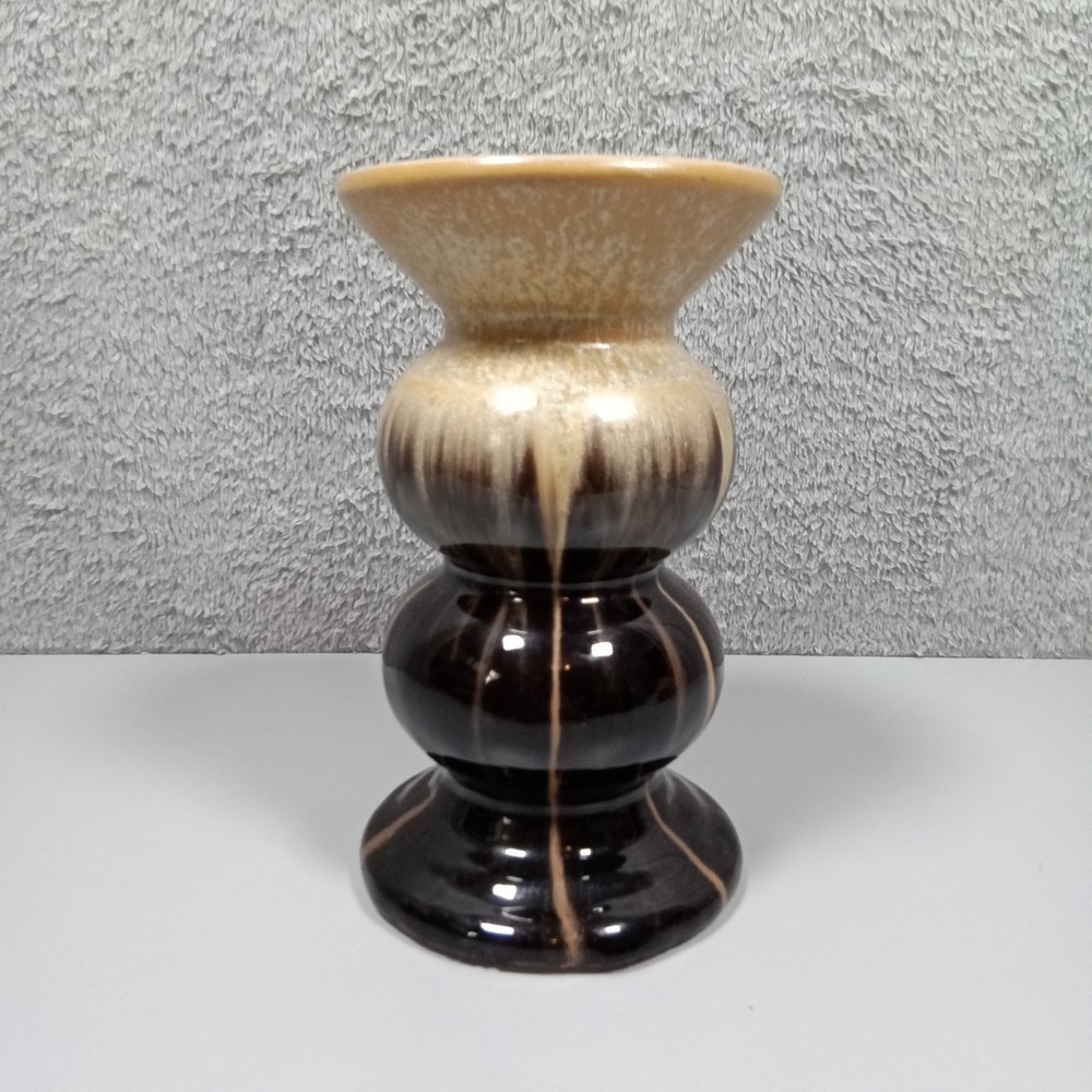 Vintage‎ Style Brown Tan Drip Glaze Ceramic Triple Bulbous Pillar Candle Holder